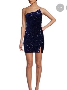 One-Shoulder Navy Sequin Mini Dress
